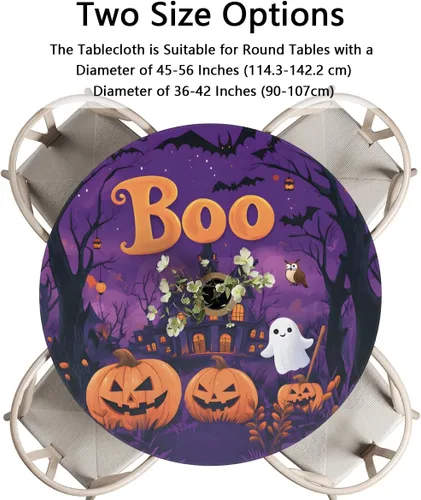 Vista 7 de Mantel redondo ajustable de Calabaza Castillo Boo de Halloween con borde elástico, cubierta de mesa impermeable limpiable lavable de Halloween