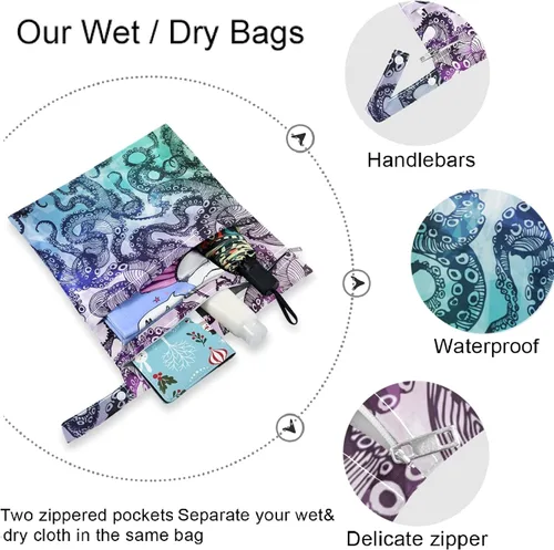 Vista 5 de visesunny Abstract Octopus Hipster - 2 bolsas húmedas con bolsillos con cremallera, lavable, reutilizable, espaciosa, bolsa de pañales para viajes