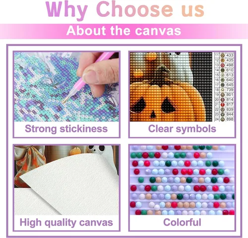 Vista 4 de Champi Kits de pintura de diamantes de Halloween para adultos, lindos kits de arte de diamantes de calabaza fantasma para adultos, kits de arte