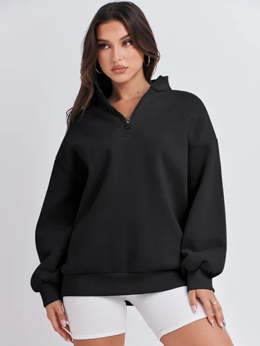 Vista 2 de ANRABESS Sudadera de manga larga para mujer, de gran tamaño, con media cremallera, sudadera con capucha Y2K, ropa de otoño a la moda