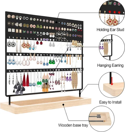 Vista 3 de ZHAOGMQH Soporte organizador de aretes, organizador de joyas para vender, soporte para pendientes de 3 niveles, 144 agujeros con bandeja de madera