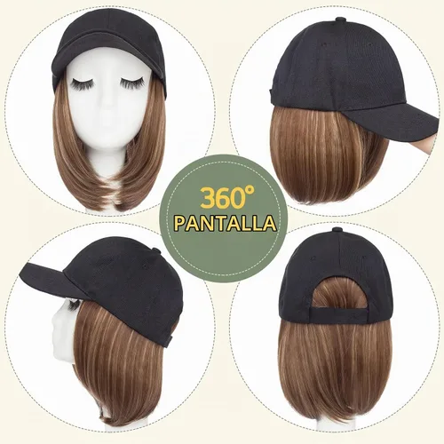 Vista 4 de S-noilite Peluca de gorra de béisbol de 6 pulgadas con peinado Bob y extensiones de cabello, gorra de béisbol recta ajustable para mujer