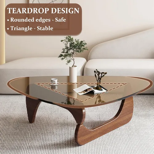 Vista 6 de Mesa auxiliar triangular con base de madera, tapa de vidrio transparente, mesa auxiliar abstracta para sala de estar, oficina
