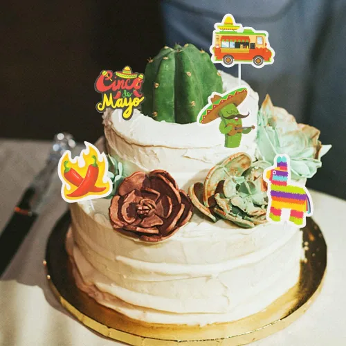 Vista 4 de Hying 40 adornos para cupcakes de fiesta mexicana para niñas y niños, cactus y cigarros, sombreros para cupcakes para fiestas temáticas, decoración