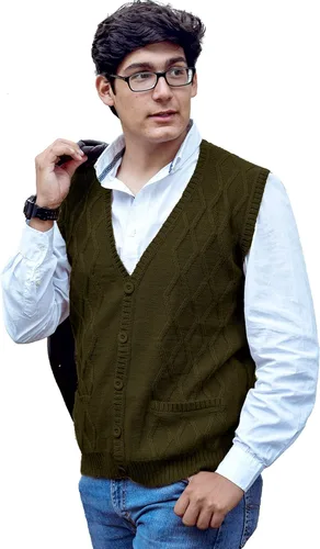 Vista 5 de TINKUY Chaleco peruano de lana de alpaca con cuello en V para hombre, S-4XL Negro