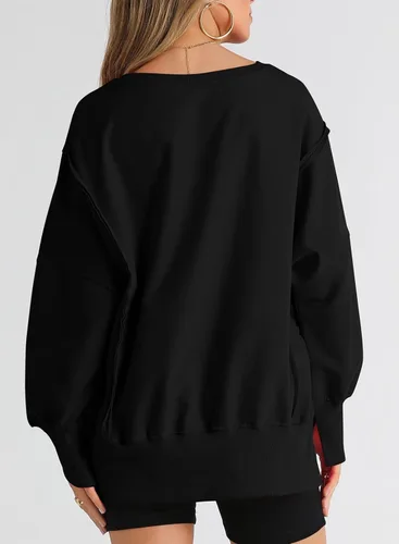 Vista 5 de SHEWIN Sudadera casual de gran tamaño de manga larga con costuras inversas y cuello redondo para mujer Un negro