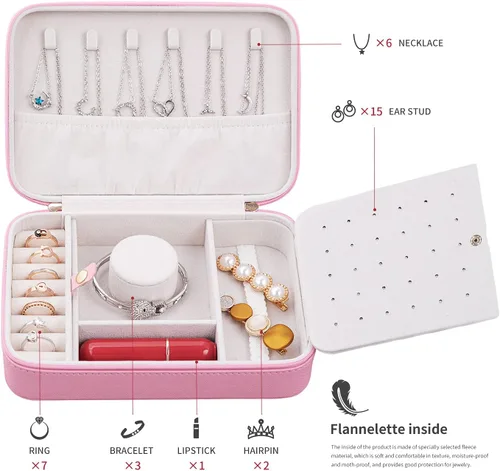 Vista 3 de SANQIANWAN Pequeña caja organizadora de viaje de joyería con estuche portátil de piel sintética para collares anillos aretes regalos para novia