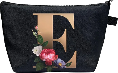 Vista 9 de CTNUOBEE Bolsa de comestic con letras del alfabeto dorado con bolsa de maquillaje de flores, bolsa de viaje portátil con cremallera, bolsa de aseo