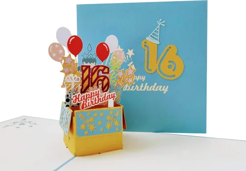 Vista 12 de iGifts And Cards Tarjeta desplegable 3D de cumpleaños de 16 años, regalos coloridos y escena de celebración de globos, divertido saludo
