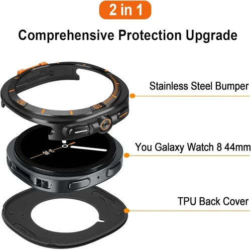 Vista 2 de Funda de metal compatible con Samsung Galaxy Watch 8 de 1.732 pulgadas, 2 en 1, con marco trasero para Galaxy Watch 8 de 1.732 in (negro/naranja)