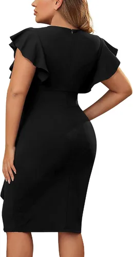 Vista 6 de Miusol Vestido de tubo vintage con cuello en V para mujer, manga con volantes, para negocios, cóctel, fiesta, talla grande