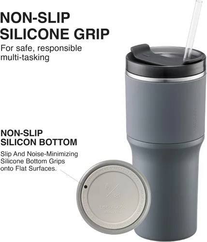 Vista 5 de LocknLock Metro - Vaso de acero inoxidable con aislamiento de doble pared con agarre antideslizante, tapa, 22 onzas, gris