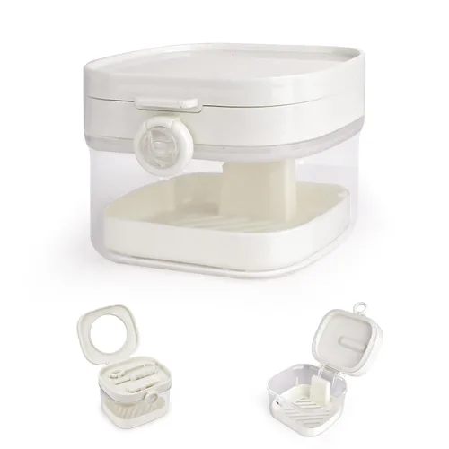 Vista 8 de Estuche de retención 2 en 1, funda limpiadora de alineadores de baño para dentadura, soporte, contenedor, organizador, taza de dentadura con espejo
