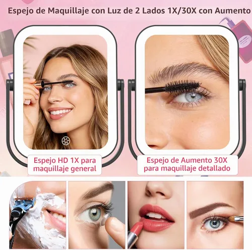 Vista 2 de FUNTOUCH Espejo de aumento de viaje 30X/1X con luz, negro