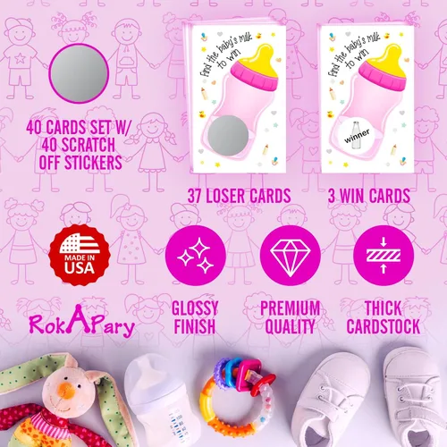 Vista 3 de RokAPary Find The Babys Milk Scratch Off Game, It's a Girl Baby Shower Fácil de jugar juegos tontos, idea divertida, actividad rompehielos. Tarjetas