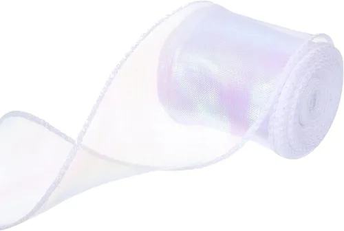 Vista 14 de MECCANIXITY - Cinta de organza con cable de 1 1/2" de ancho, brillante, transparente, con brillo irisado en tonos pastel, cinta de gasa para Beige