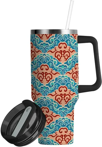 Vista 2 de Botellas de agua reutilizables al vacío con diseño de nube de cultura china, tapa a prueba de fugas y pajita, taza de té decorativa para agua, té