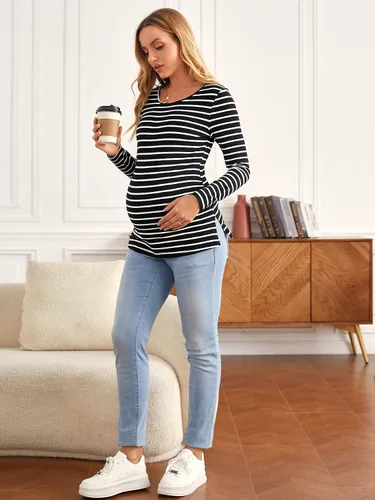 Vista 5 de Floerns Camiseta casual de manga larga con estampado de rayas para mujer