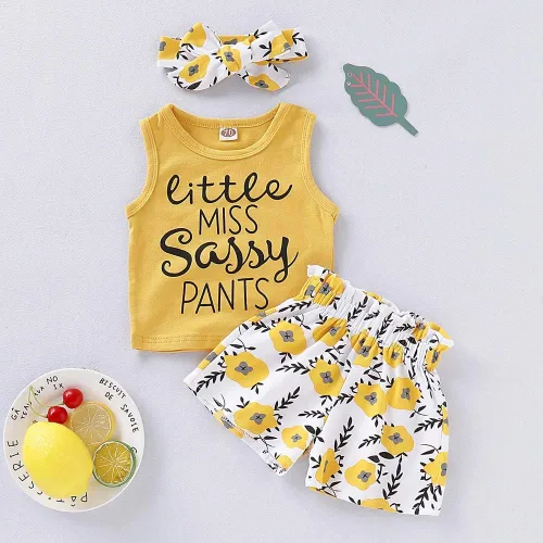 Vista 3 de PigMaMa Conjunto de ropa para bebé niña de 3 piezas, sin mangas, camiseta sin mangas, pantalón de flores, diadema