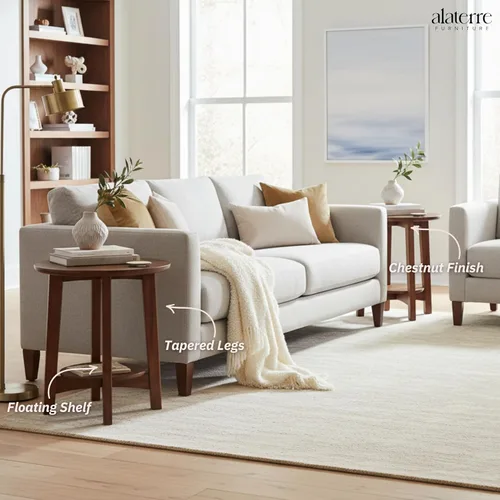 Vista 5 de Alaterre Furniture Monterey - Juego de 2 mesas auxiliares redondas con estante de almacenamiento, mesita de noche moderna de mediados de siglo