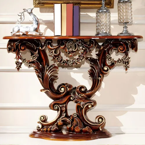Vista 9 de LAKIQ Mesa de consola de estilo europeo, mesa de entrada de madera, mesa de pasillo moderna estilo campestre, mesa de entrada de forma libre, sofá