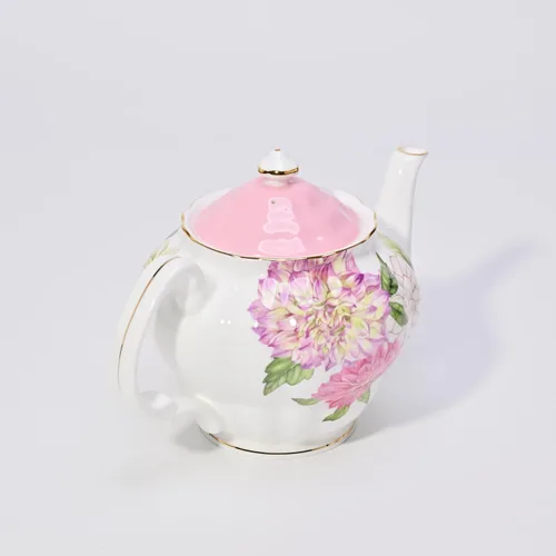 Vista 6 de Tetera de porcelana de hueso, teaset inglés, diseño floral de dalia con borde dorado, 37 onzas