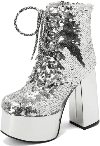 Vista 8 de Caradise Glitter Sparkly Platform Boots Sequin High Heeled Combat Boots Lace Up Chunky High Heel Ankle Boots 5.5 in-oro