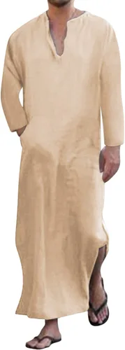 Vista 10 de Jacansi - Bata de cuello en V para hombre, manga corta, división lateral, caftán de algodón, thobe largo, tallas S-3XL Púrpura-gris #1