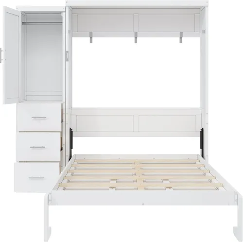 Vista 8 de Cama Murphy de tamaño matrimonial con armario de almacenamiento, ropa y 3 Blanco