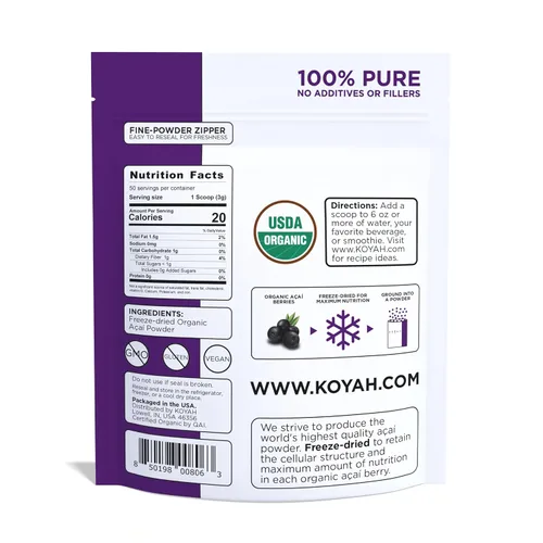 Vista 2 de KOYAH - Acai en polvo orgánico, liofilizado: 50 porciones Polvo de bayas enteras, 100% puro, sin ácido cítrico añadido, ideal para batidos