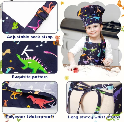 Vista 3 de Juego de 4 delantales y sombrero de chef para niños, regalo para niñas y niños, con palabras del alfabeto de animales, delantales ajustables
