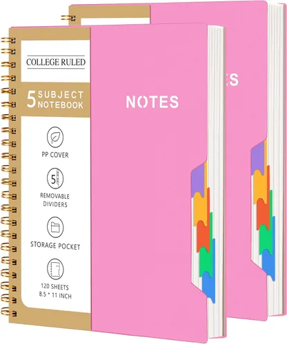 Vista 20 de CAGIE Cuadernos de espiral para trabajo escolar con pestañas divisorias extraíbles, cuaderno de 5 materias de 8.5 x 11 pulgadas, a rayas