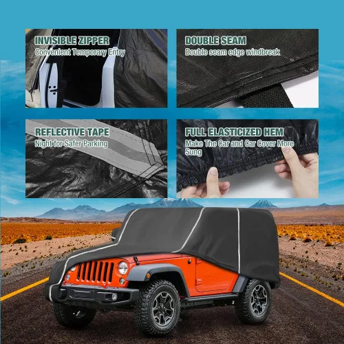 Vista 3 de Funda impermeable para coche compatible con Jeep Wrangler CJ, YJ, TJ y JK de 2 puertas 1955-2024, funda completa para todo tipo de clima de 6 capas