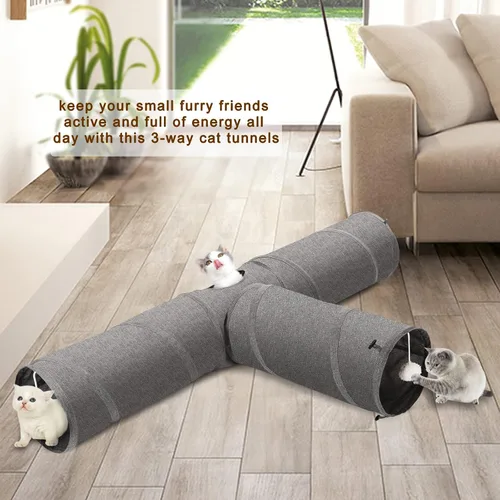 Vista 3 de Ownpets Túnel para gatos, túnel plegable de 3 vías, tubo para gatos de 47 pulgadas de largo con bola de felpa y juguete de plumas, túnel de juego