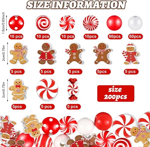 Vista 2 de Misdary 200 piezas de cuentas navideñas para manualidades, cuentas navideñas de madera, rojas y blancas, caramelo de menta, jengibre para joyería