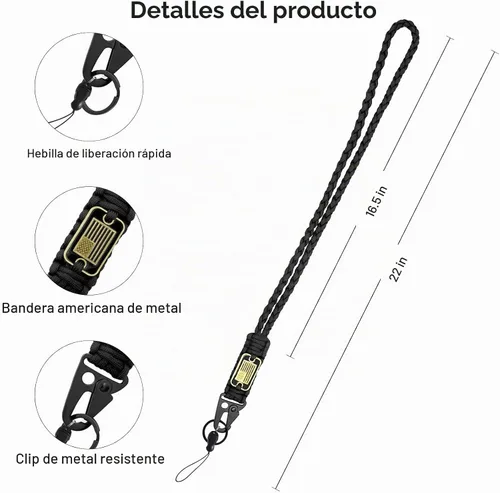 Vista 3 de 2 piezas de cordón elegante y duradero para llaves - Cordón de cuello resistente de paracord con diseño de bandera de EE. UU. para billeteras