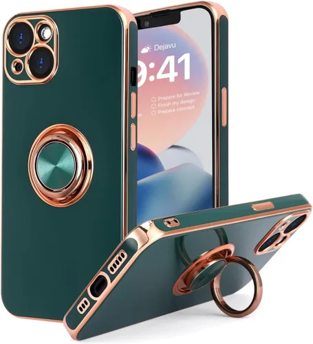 Vista 10 de Funda diseñada para iPhone 13, soporte de anillo giratorio de 360° integrado, soporte magnético, silicona suave, cubierta protectora ultra delgada