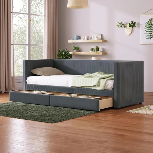 Vista 11 de Sofá cama de pana de tamaño individual con dos cajones, marco de sofá cama de madera maciza con soporte de listones de madera para dormitorio