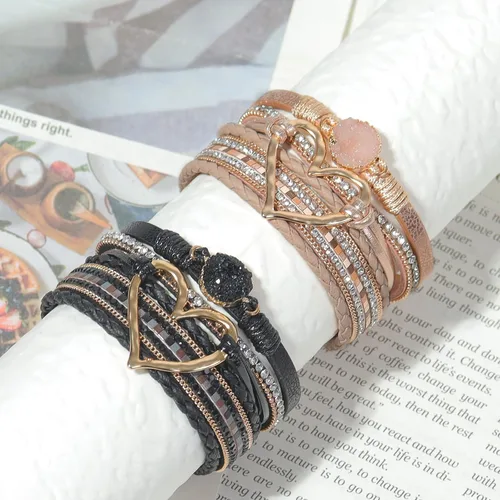 Vista 5 de 2 pulseras bohemias de cuero tejido multicapa con incrustaciones de diamantes de imitación en forma de corazón, apilables, joyería para mujer