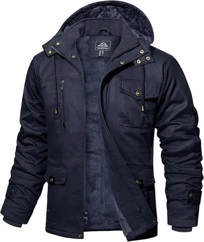 Vista 13 de MAGCOMSEN Chaqueta de invierno para hombre, con forro polar de algodón, chaquetas cálidas para trabajo, abrigos militares con 6 bolsillos