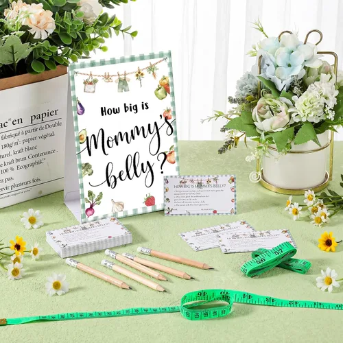 Vista 78 de Sabary 64 Piezas Juegos de Baby Shower Incluyen Letrero How Big is Mommy's Belly Sign Measure Bump Game 50 Tarjetas 10 Lápices 3 Cintas Métricas