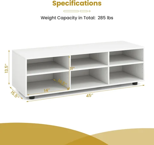 Vista 5 de Tangkula Soporte de TV con 6 compartimentos para televisores de hasta 55 pulgadas, centro de entretenimiento de madera blanca con 6 cubos