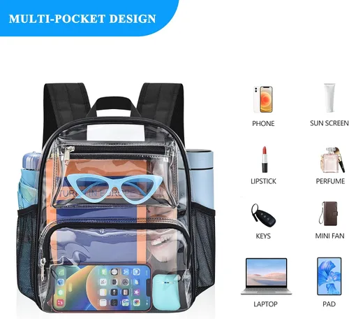 Vista 4 de Bolsa transparente para eventos en estadios, mochila transparente de 12 x 6 x 12 pulgadas con correa reforzada, bolsa de estadio para conciertos