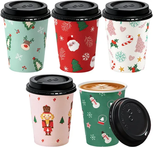 Vista 10 de Fit Meal Prep Paquete de 100 Tazas de Café Desechables de 4 oz con Tapas, Vasos de Papel Premium Para Llevar, Tazas de Café Caliente a Prueba