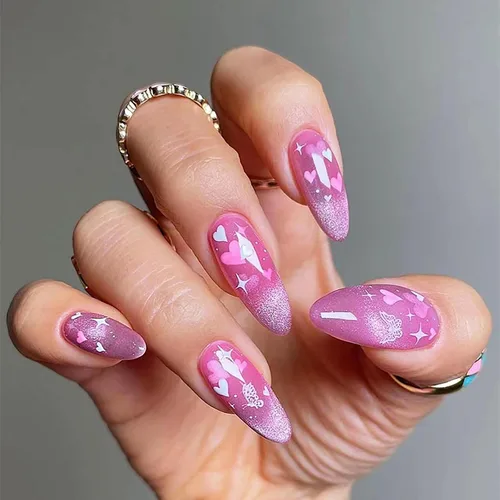 Vista 14 de Uñas postizas a presión con punta francesa, uñas postizas de almendra, cobertura completa, uñas artificiales brillantes, uñas acrílicas medianas
