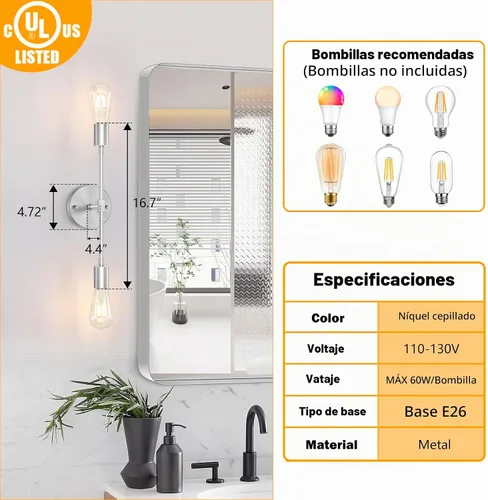 Vista 2 de FadimiKoo 2 lámparas de níquel cepillado para tocador de baño, iluminación plateada para baño sobre espejo, moderna iluminación de pared