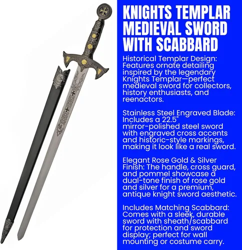 Vista 2 de SZCO Supplies Caballeros Templarios Espada de Oro Rosa Espada Medieval