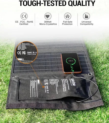 Vista 8 de BLAVOR Cargador solar de 30W USB-A QC3.0 24W USB-C DC 30W de salida, panel solar plegable para acampar, IPX4 impermeable, cargador de batería solar
