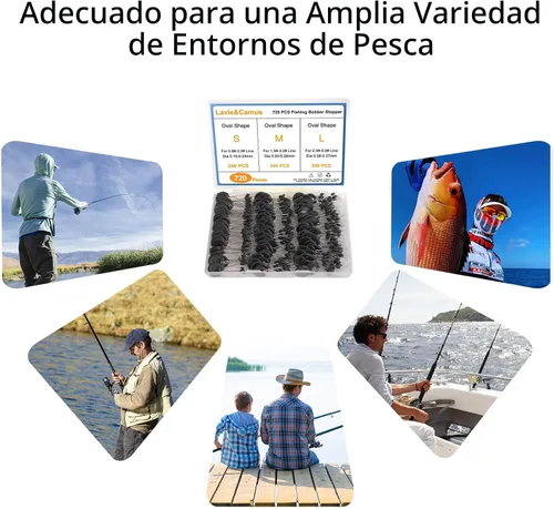 Vista 7 de Lavie&Camus 720 unidades de tapones para flotadores de pesca, flotadores ovalados, tapones y plomos 6 en 1, tapones de goma negros para flotadores