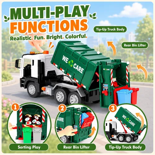 Vista 3 de 12" Garbage Truck Toy for Kids Ages 3-8, Large Trash Truck Vehicle